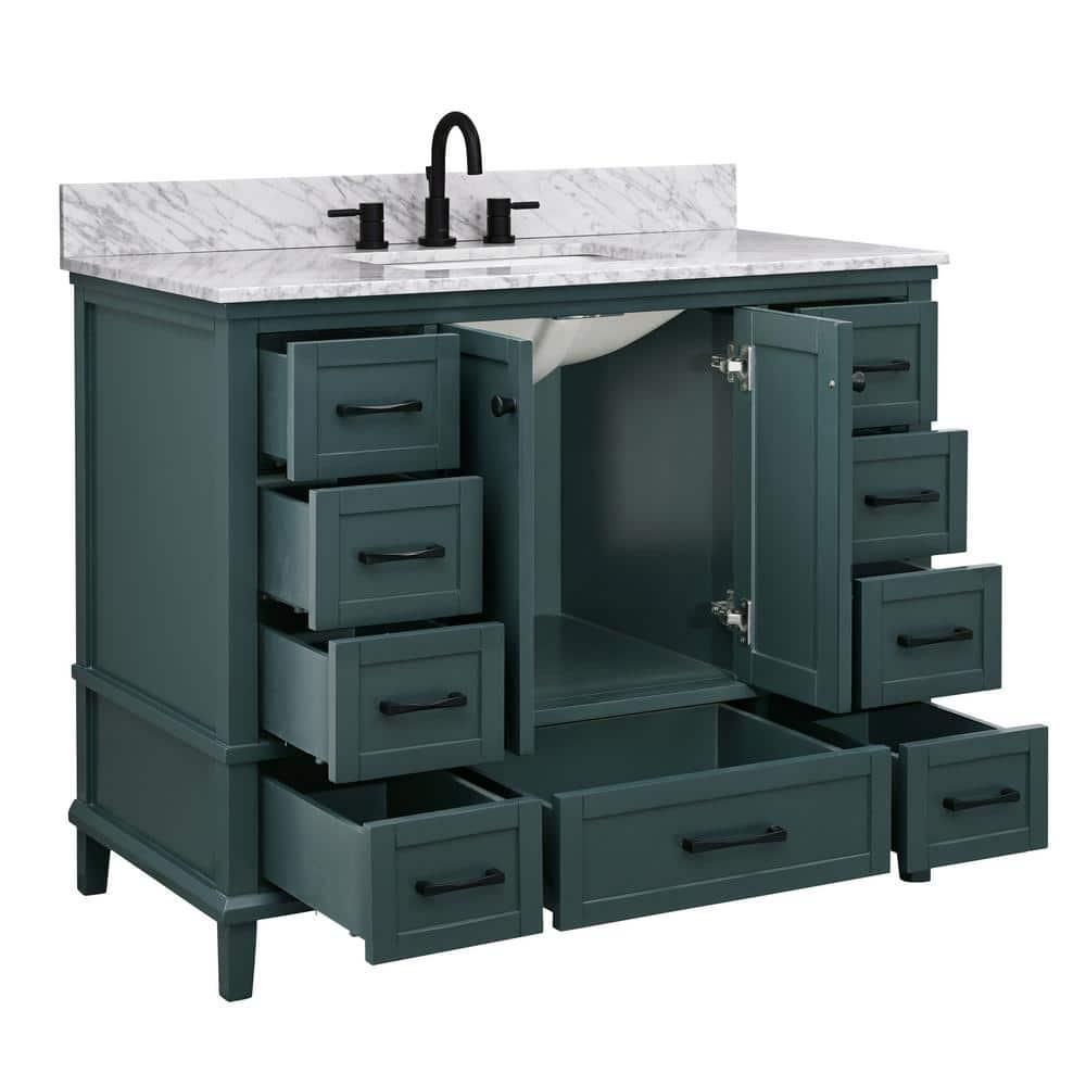 Home Decorators Collection Merryfield 43 in W x 22 in D x 35 in H Bathroom Vanity in Antigua Green with Carrara White Marble Top