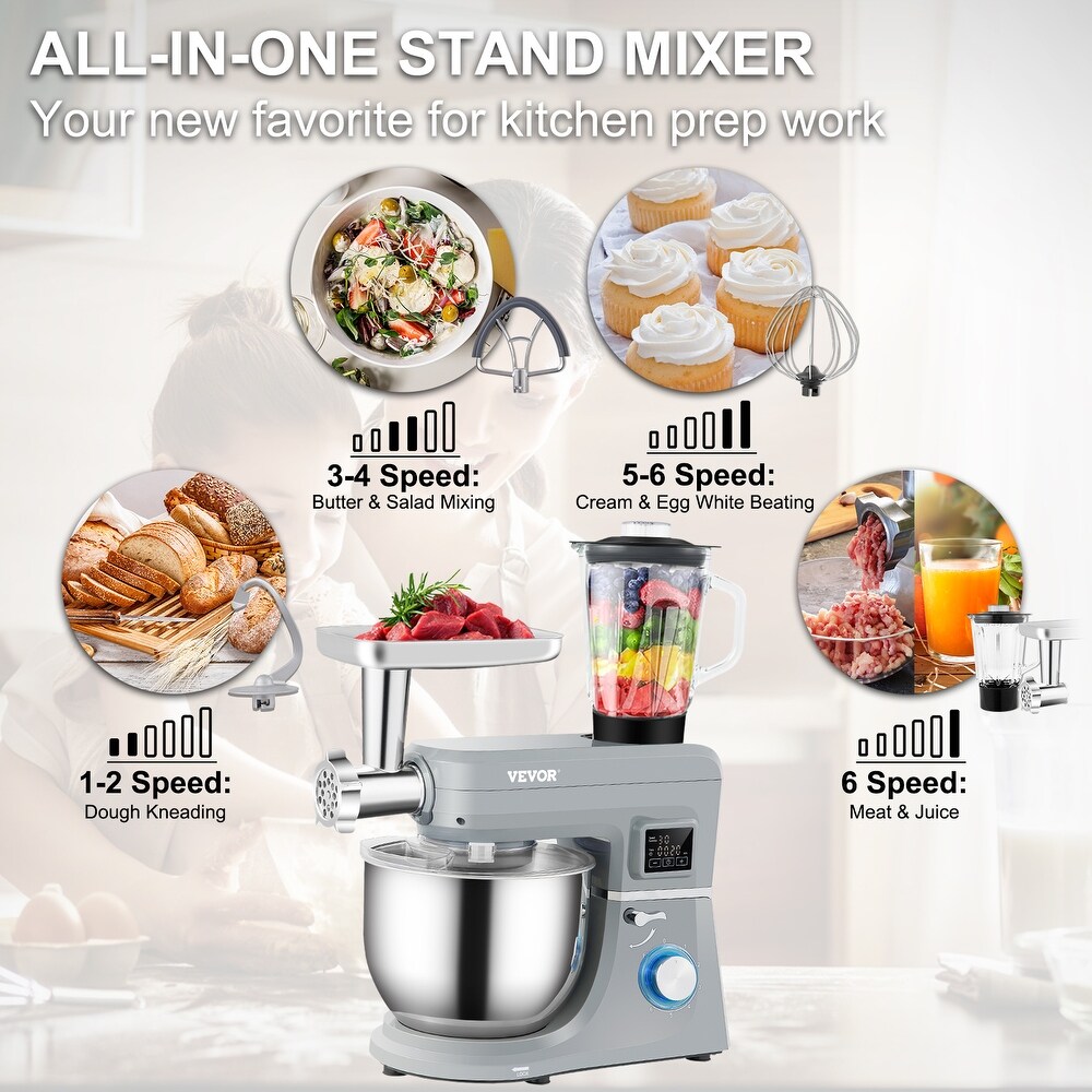 VEVOR Stand Mixer 7.4Qt LCD Screen Timing 6 Speed Dough Mixer w/ Grinder Juicer   7.4 Qt / 7 L