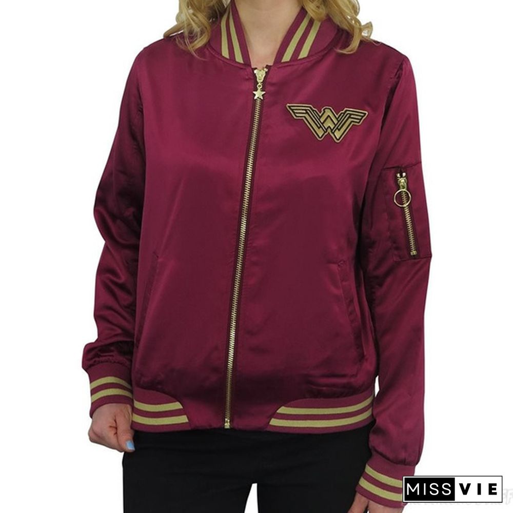 Wonder Woman Bomber Jacket Autumn and Winter Women's Classic Solid Zip Up Jacket Wind Coat