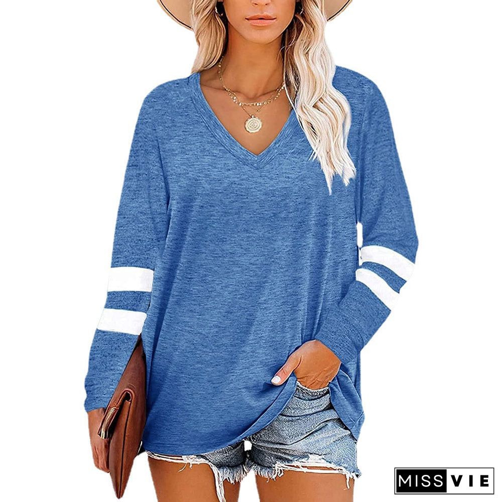 Women's Color V-neck Striped Stitching Long-sleeved Loose Blouses