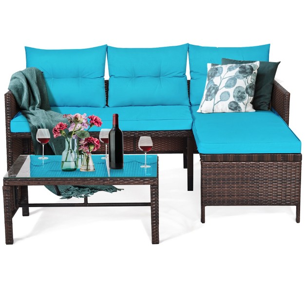 Tangkula 3 piece Outdoor Rattan Wicker Sectional Sofa Set Patio Conversation Sofa Set