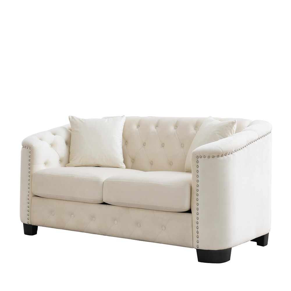 Beige Modern Velvet Sofa Set with Pillows (3 Seater + Loveseat)