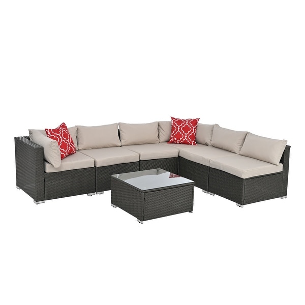 7Pcs Outdoor Sectional Furniture Set，AllWeather PE Rattan Sectional Sofa Conversation Set w/ Coffee Table and Washable Cushions