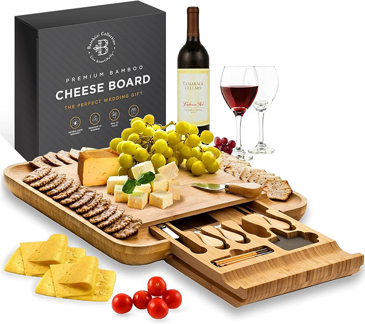 Organic Bamboo Cheese Charcuterie Cutting Boards with Cutlery and Knife Set， Includes 4 Stainless Steel Serving Utensils， Wooden Serving Tray for Meat Platter， Fruit and Crackers