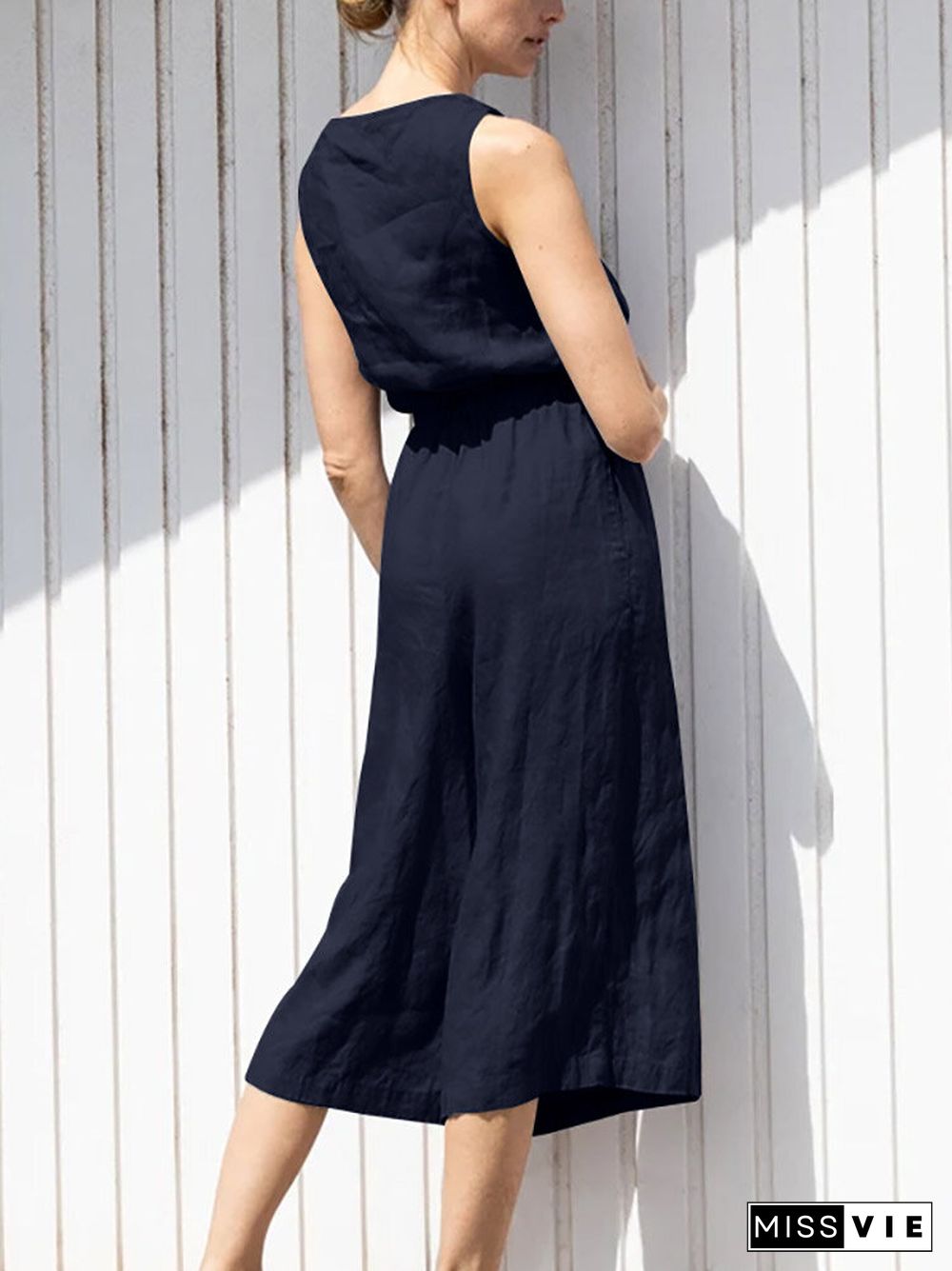 Solid Button Sleeveless Elastic Waist Wide Leg Jumpsuit