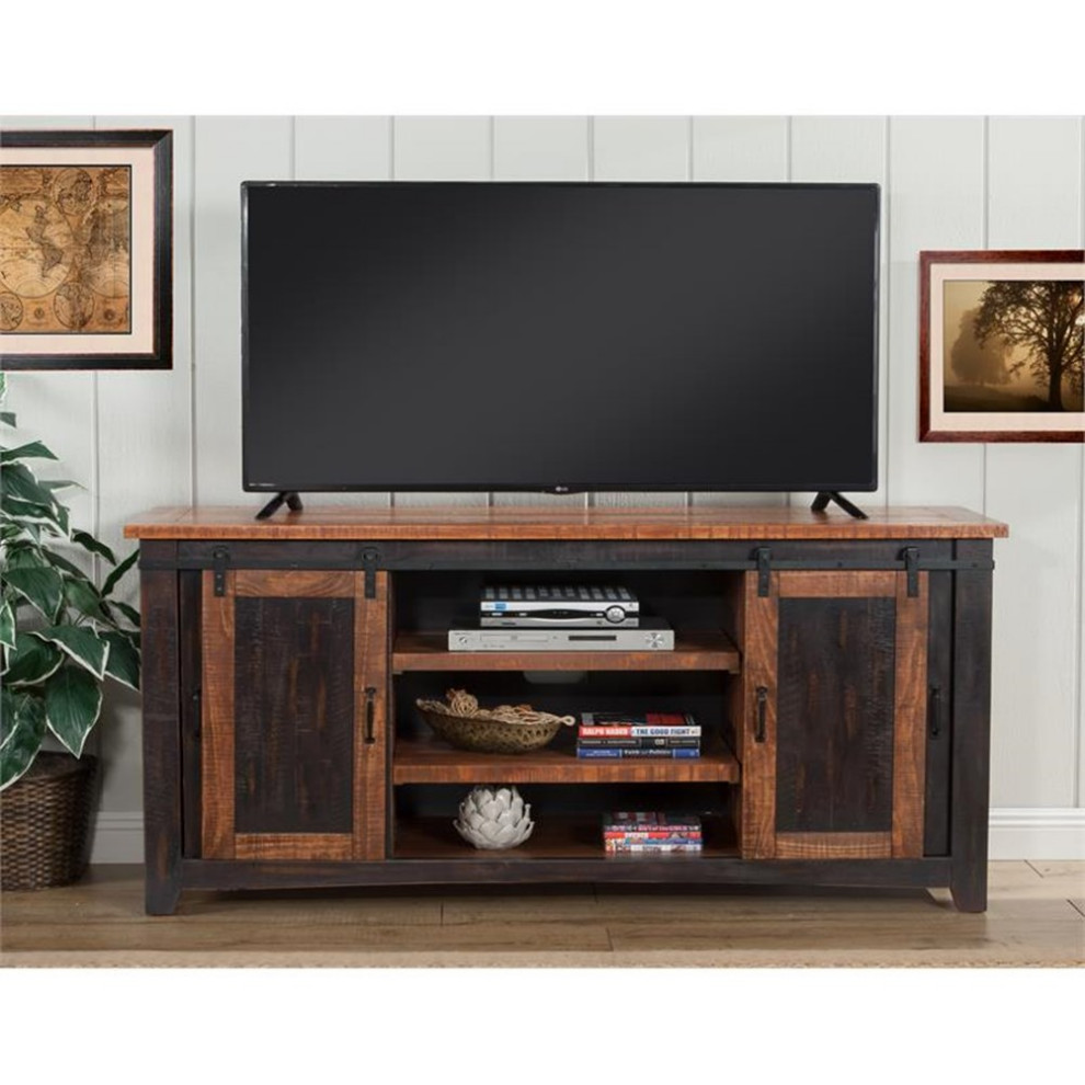 Bowery Hill Modern 65 quotSolid Wood TV Stand Antique Black and Honey   Rustic   Entertainment Centers And Tv Stands   by Homesquare  Houzz