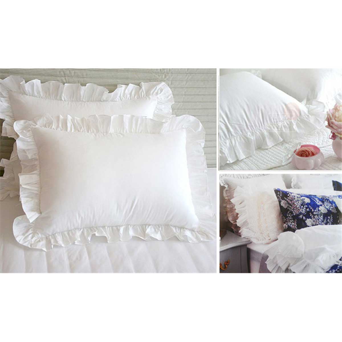 One opening Ruffle Pillow Shams Decorative White Cotton Pillowcases with Invisible Zipper for Bed