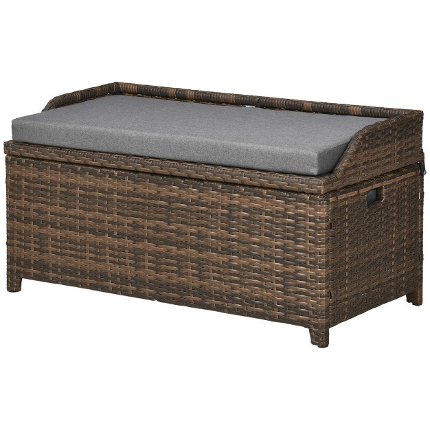 Outsunny Storage Bench Rattan Wicker Garden Deck Box Bin With Interior Waterproof Bag And Comfy Cushion Gray