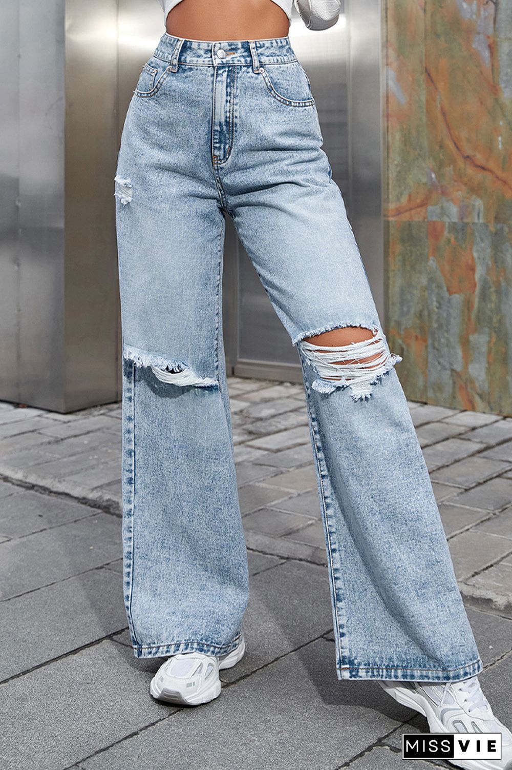 Plain Ripped High Waist Straight Jeans