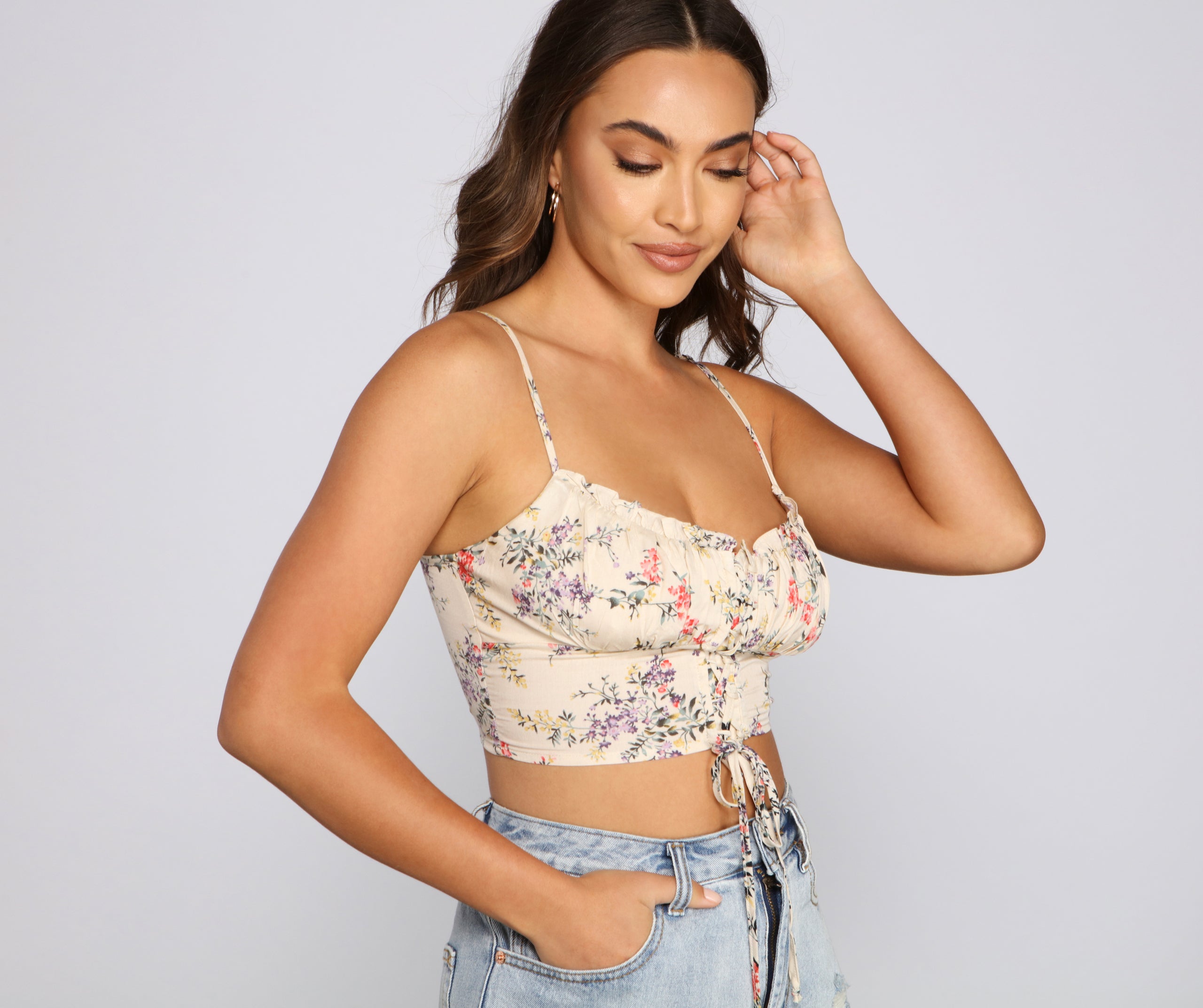 On My Radar Floral Lace Up Crop Top