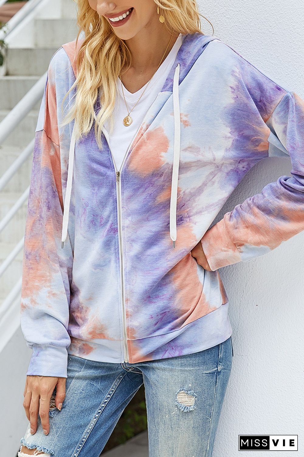 Tie Dye Zipper Long Sleeve Hoodie Coat