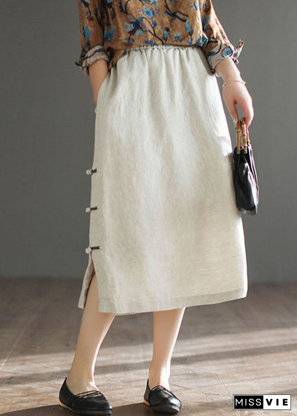 Linen Colour Side Open Linen A Line Skirt High Waist Drawstring Summer