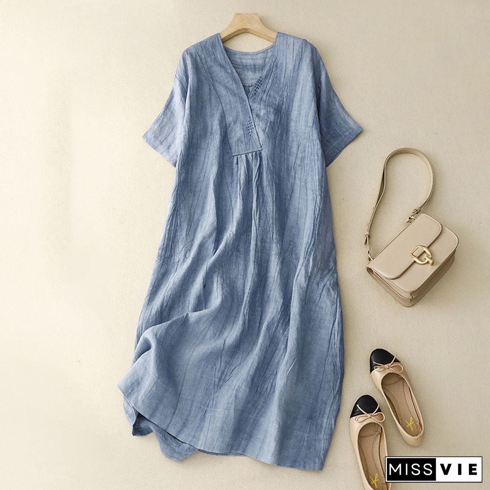 Women's Casual Simple Solid Color V -neck Linen Dress