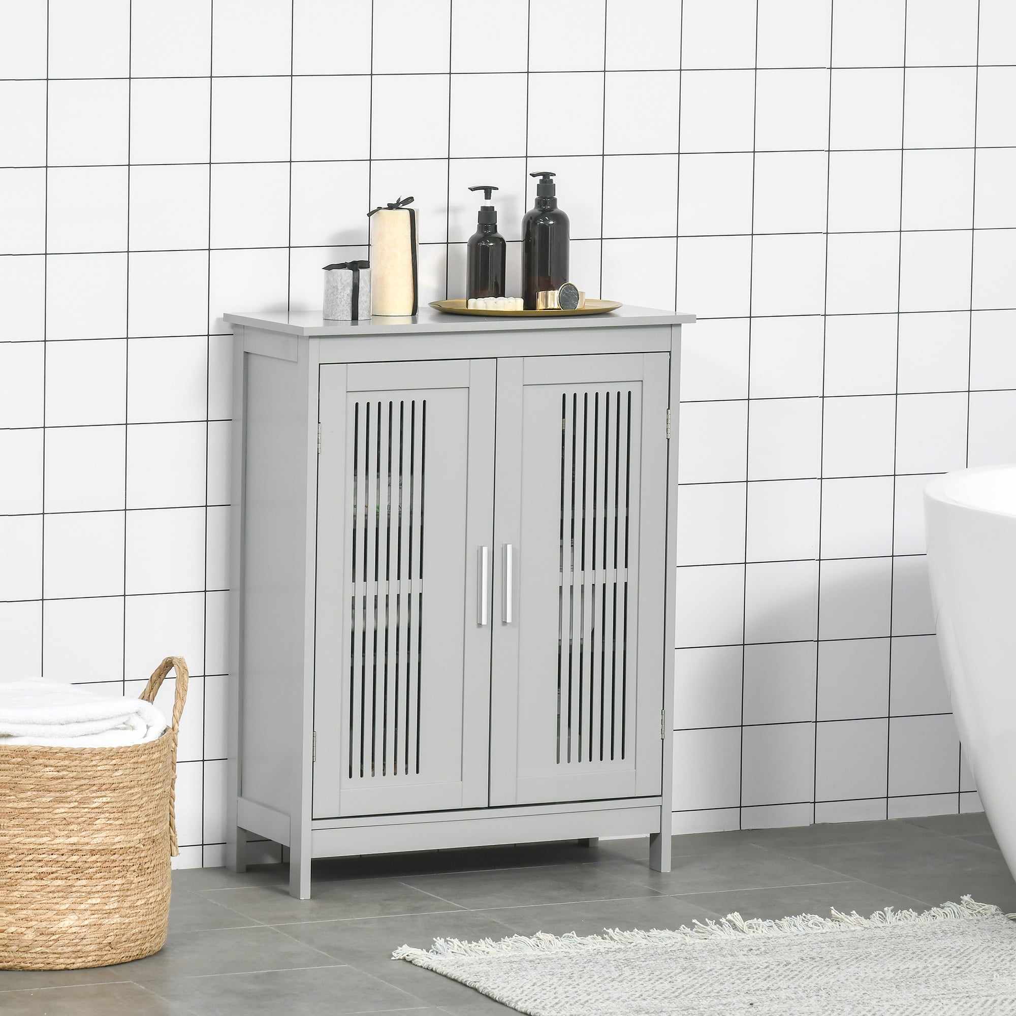 kleankin Modern Bathroom Floor Cabinet, Free Standing Linen Cabinet, Storage Cupboard with 3 Tier Shelves, Grey