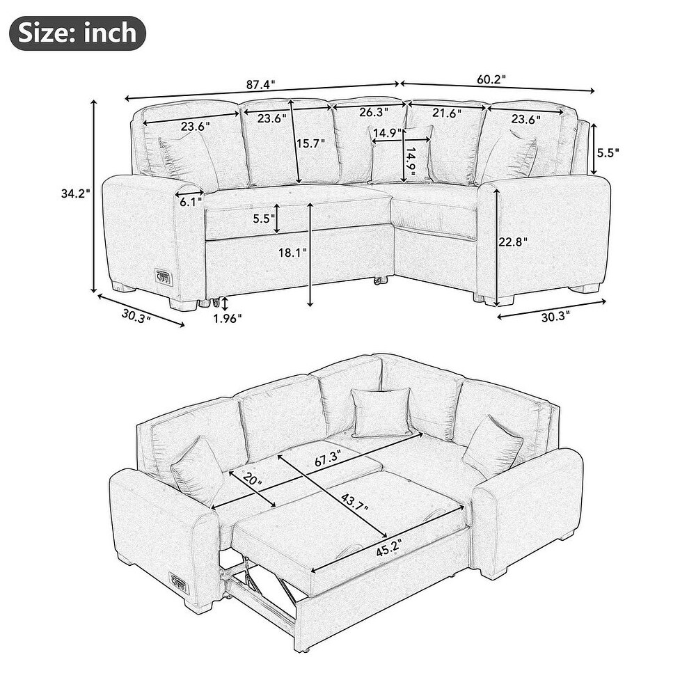 L Shape Reversible Convertible Sleeper Sectional Sofa Bed