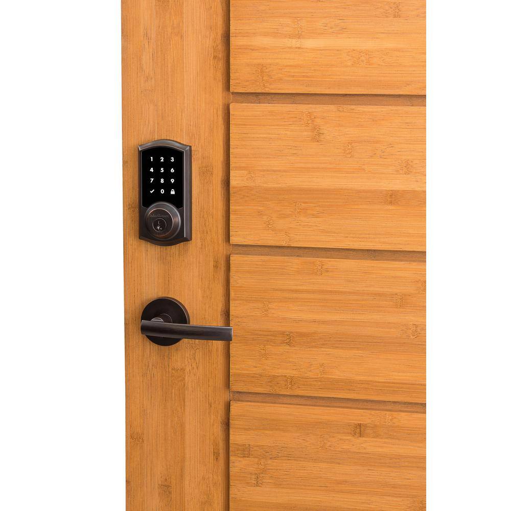 Kwikset Z-Wave SmartCode 916 Touchscreen Satin Nickel Single Cylinder Electronic Deadbolt with Avalon Handleset and Tustin Lever 916TRLHSET15