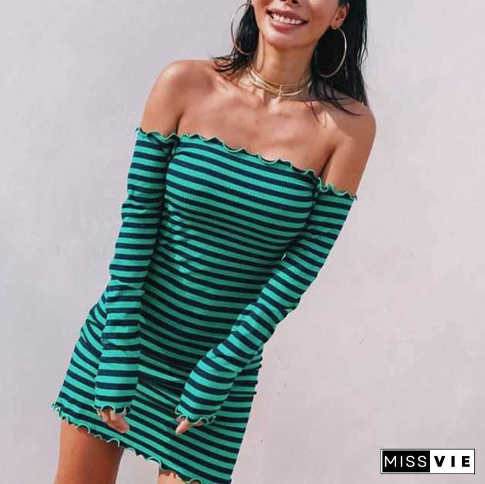 Stripe Ruffles Off Shoulder Bodycon Long Sleeve Tight Dress