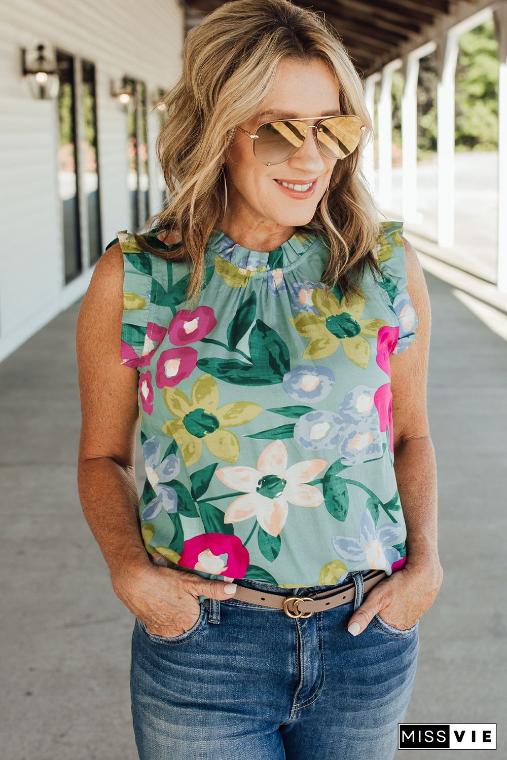 Green Floral Print Ruffle Trim Tank Top