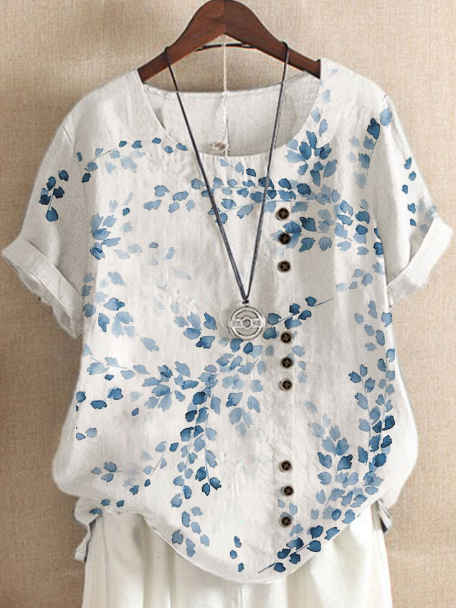 Round Neck Cotton And Linen Printed Short-sleeved Blouse