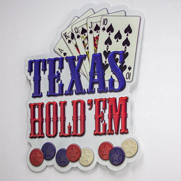 X 13 75 quot Texas Hold x27 em Embossed Metal Sign White red dark Blue American Art Decor