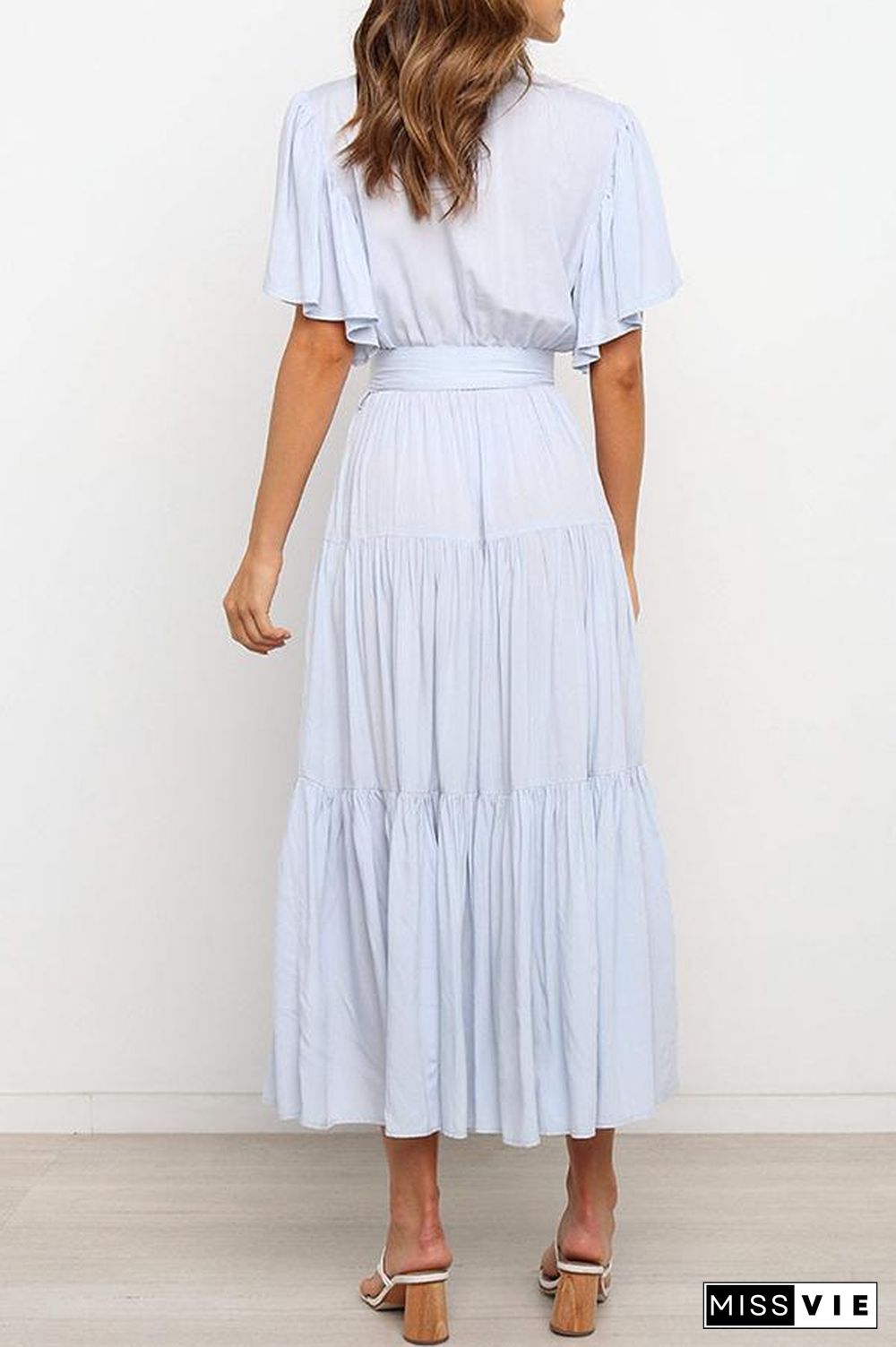 Ruffled Sleeve V-neck Tie Waist Maxi Dress P14492