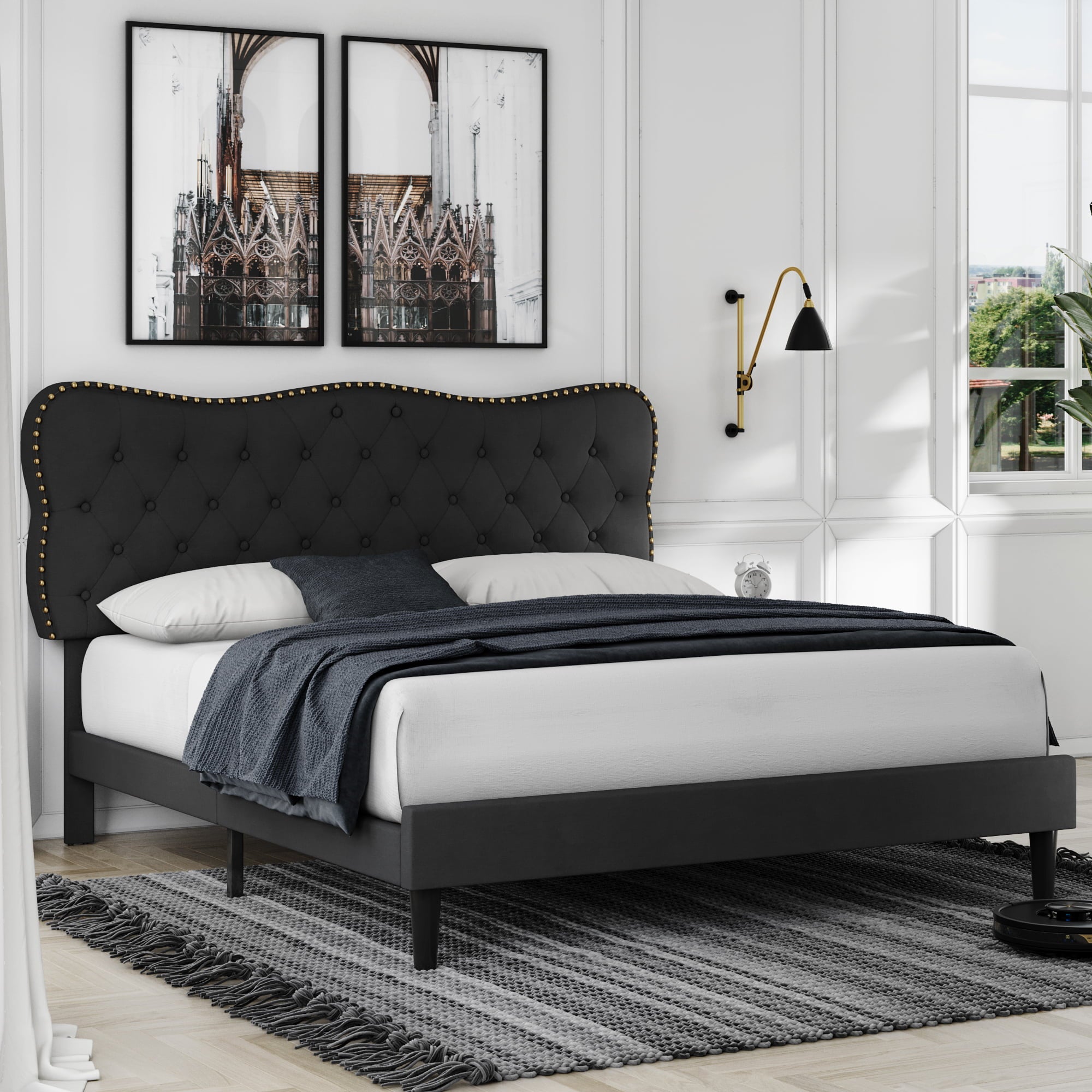 Homfa Black Queen Bed Frame, Linen Upholstered Platform Bed Frame with Button Tufted Adjustable headboard for Bedroom, No Box Spring Needed