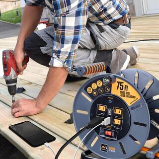 Masterplug 75 ft 15 Amp 12 AWG Large Open Reel with USB Charging and 4-Sockets OLP751512G4SLU