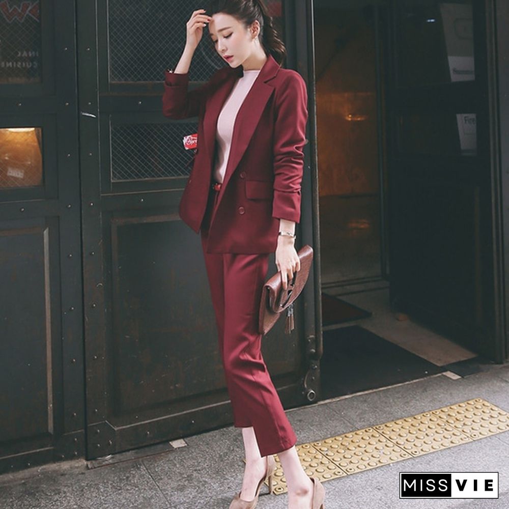 Fashion Two Pieces Sets Lapel Double Breasted Jacket And Slim Pant Suits Women Blazer Suits Office Ladies Outfits Business Set