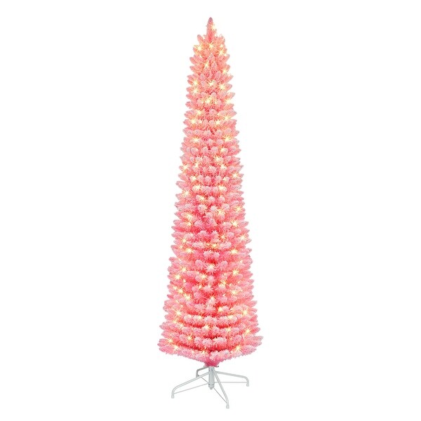 Puleo International 6.5 ft. Prelit Flocked Fashion Pink Pencil Artificial Christmas Tree