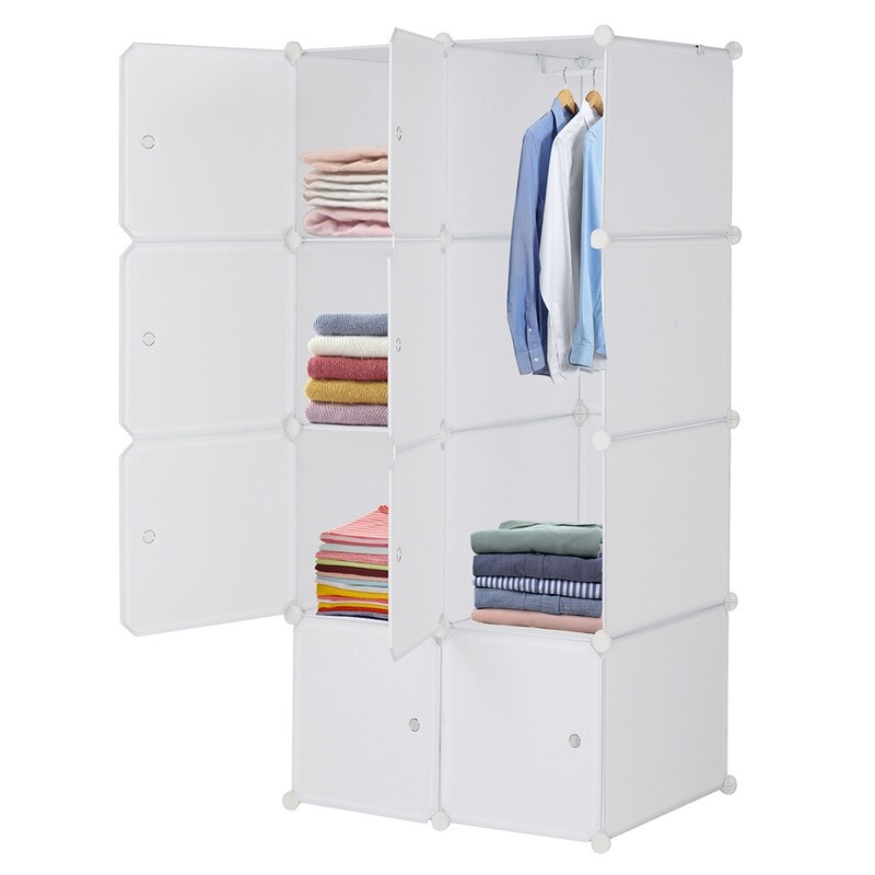 8/12/16/20 Cube Organizer Stackable Plastic Cube Storage Closet Cabinet with Hanging Rod White