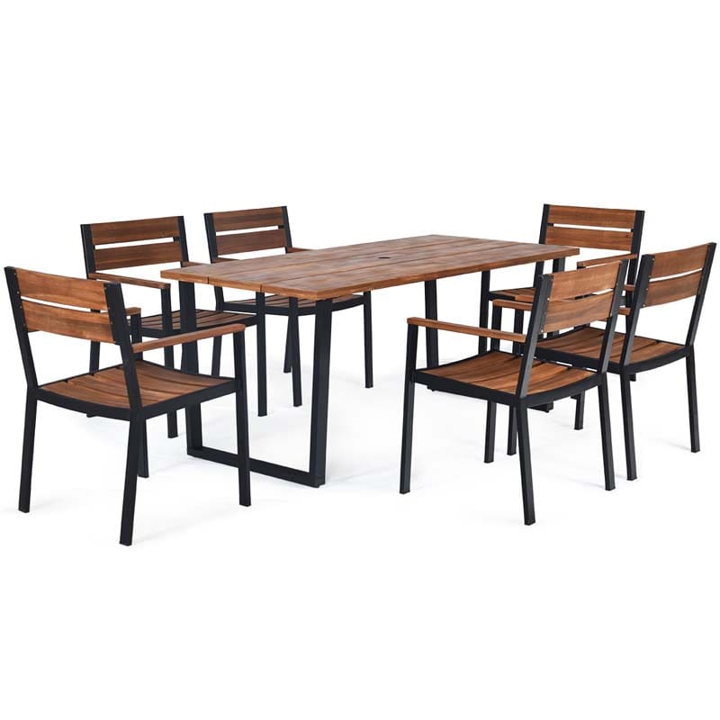 7 Pcs Patented Patio Dining Set with Umbrella Hole & Acacia Wood Top, Outdoor Dining Table Set for Backyard Garden