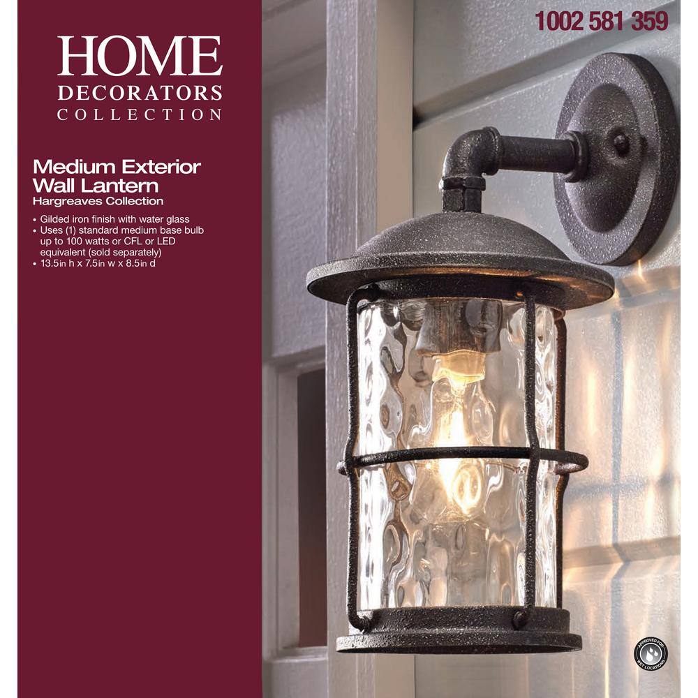 Home Decorators Collection Hargreaves 7 12 in. One Light Gilded Iron Rustic Farmhouse Outdoor Wall Lantern Sconce with Seeded Glass 7956HDCGIDI