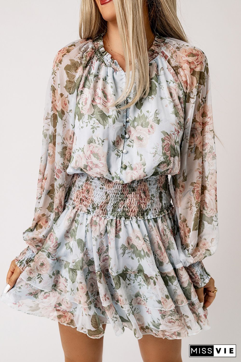 Green Floral Print Tiered Ruffled Shirred High Waist Mini Dress