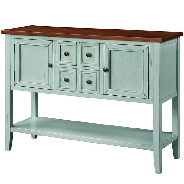 Wooden Console Table with 4 Storage Drawers and 2 Cabinets， Sofa Table with Bottom Shelf and Solid Wood Legs， Retro Blue