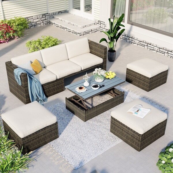 5Piece Patio Wicker Sofa with Adustable Backrest，Cushions，Ottomans and Lift Top Coffee Table