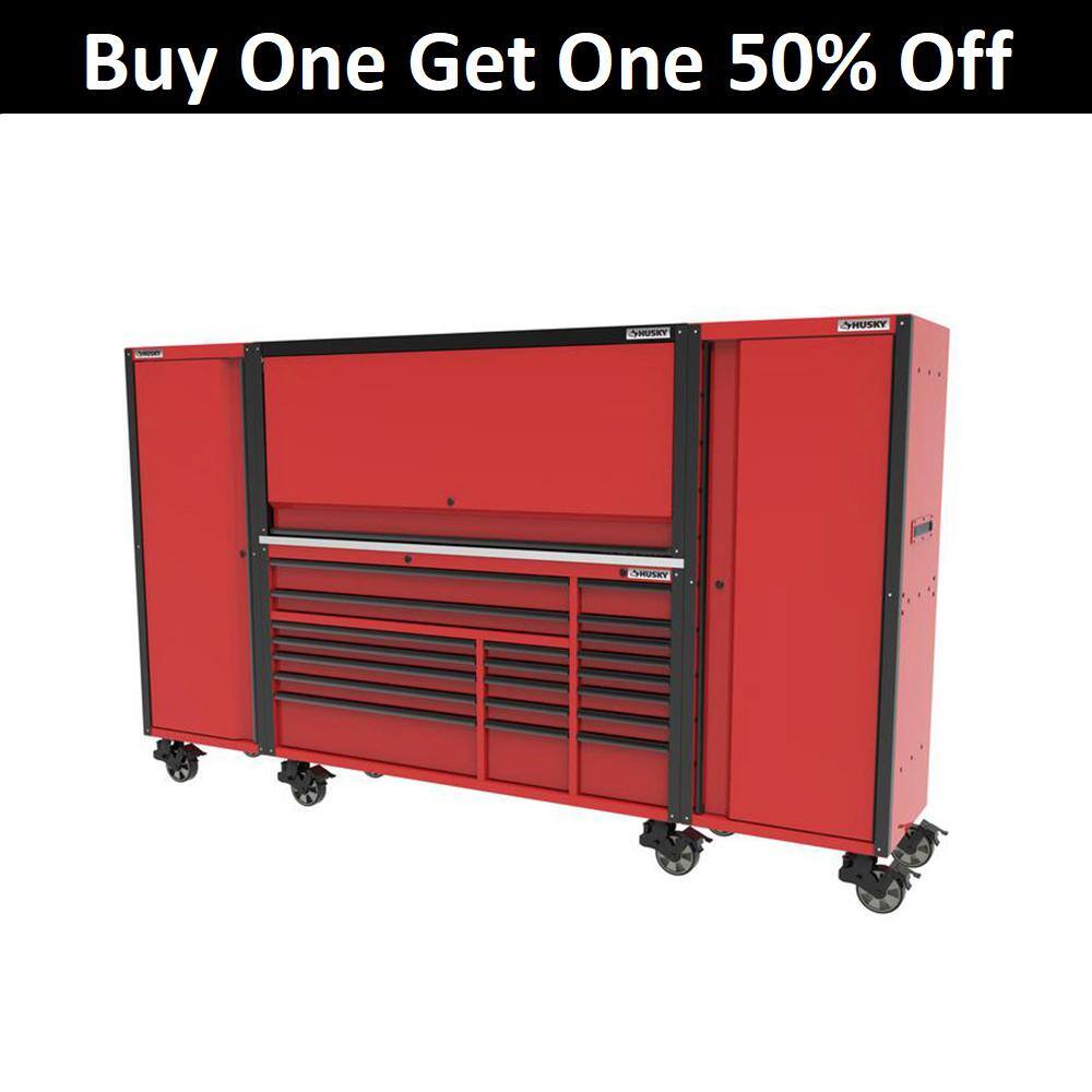 Husky 72 in. W x 24.5 in. D Professional Duty 20-Drawer Mobile Workbench Tool Chest with 2 Side Lockers and Top Hutch in Red HPROSUITE4RED