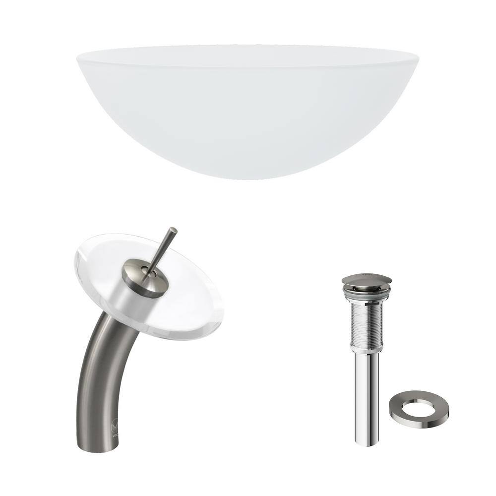 VIGO Glass Round Vessel Bathroom Sink in Frosted White with Waterfall Faucet and Pop-Up Drain in Brushed Nickel VGT036BNRND