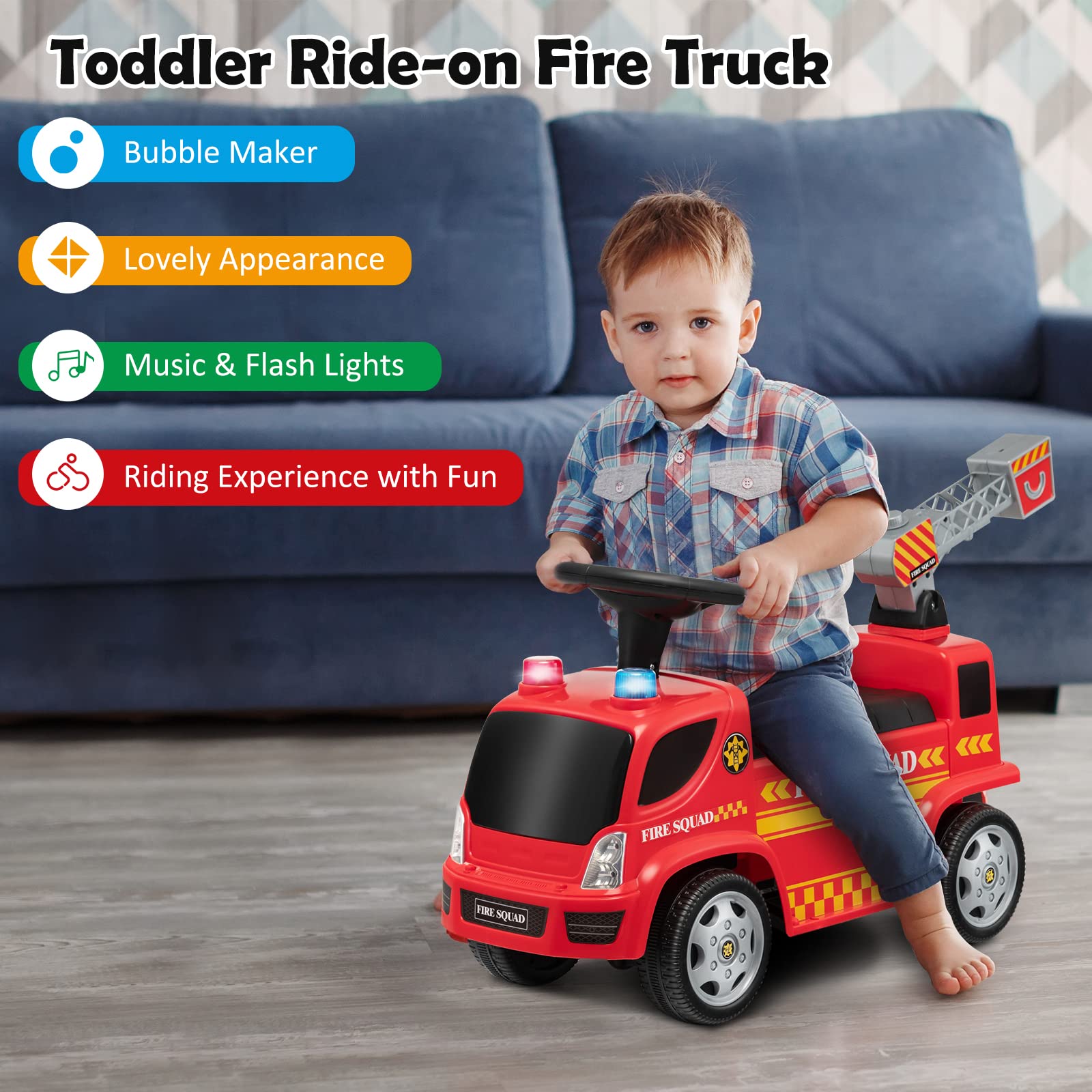 Costzon Kids Ride On Fire Truck, Ride On Push Car with Ladder Bubble Maker