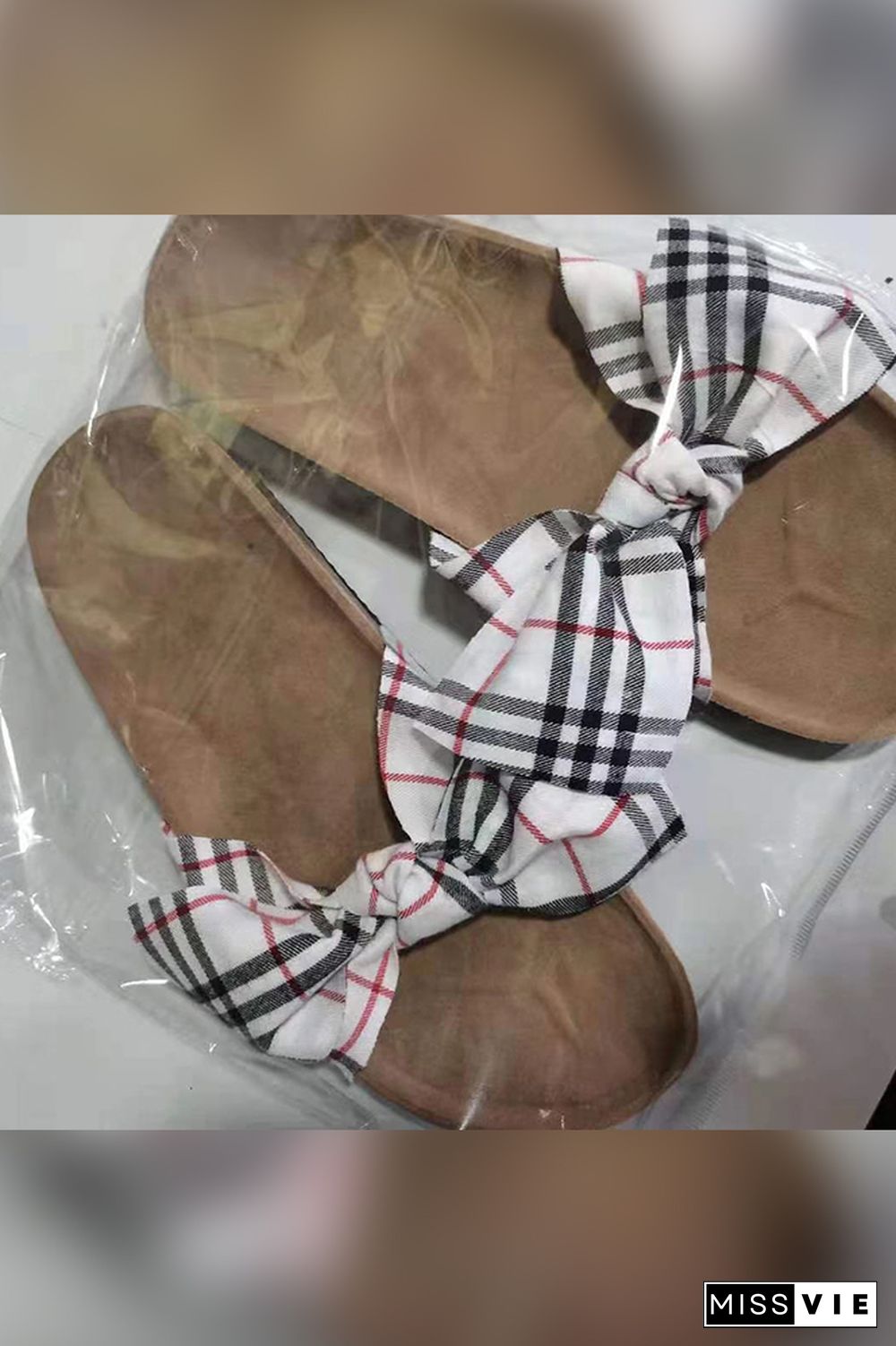 Plaid Bowknot Open Toe Flat Slippers Wholesale