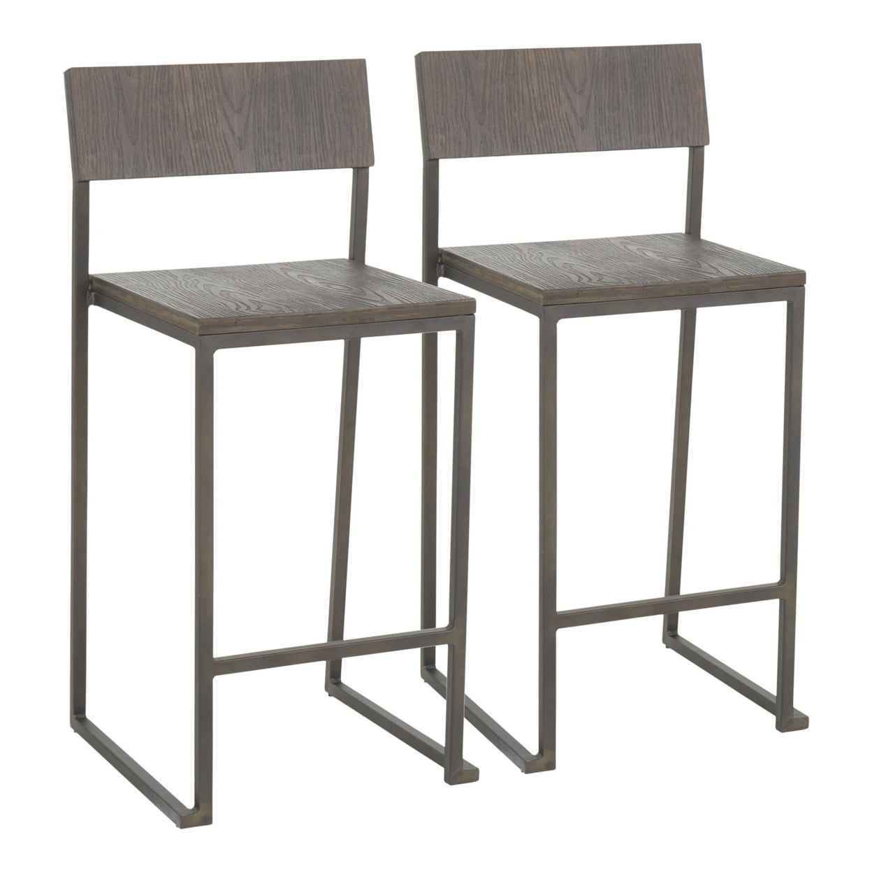 Industrial Fuji Counter Stool In Antique Metal And Espresso Wood-Pressed Grain Bamboo - Set Of 2