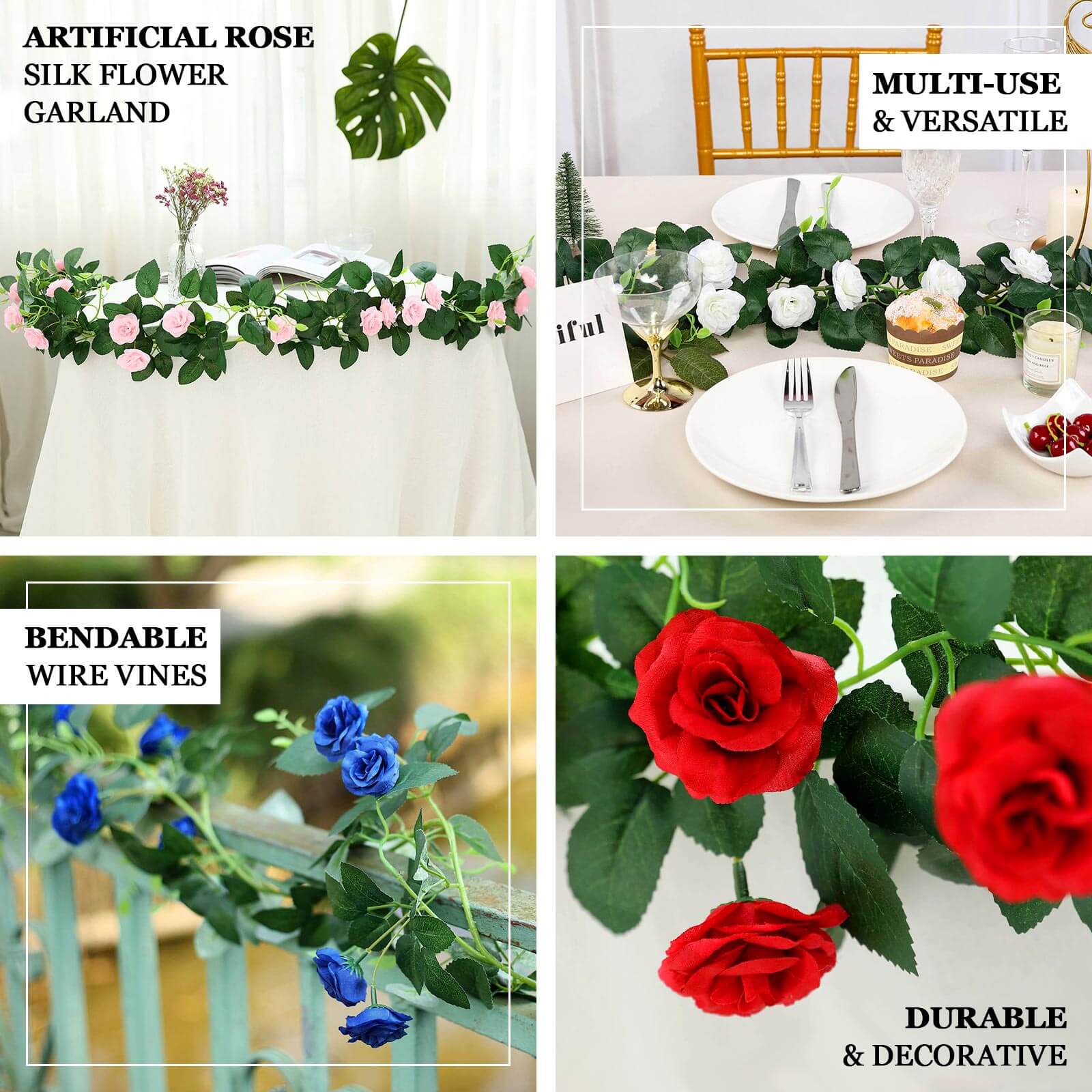 20 Royal Blue Artificial Silk Roses Flower Garland, Hanging Vine 6ft