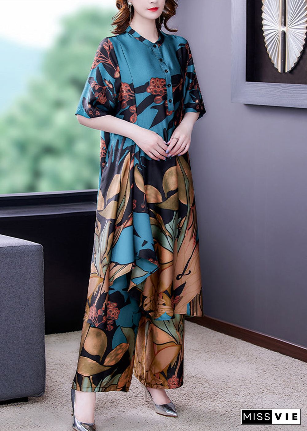 Elegant Blue Stand Collar Print Silk Shirt And Wide Leg Pants Two-Piece Set Half Sleeve