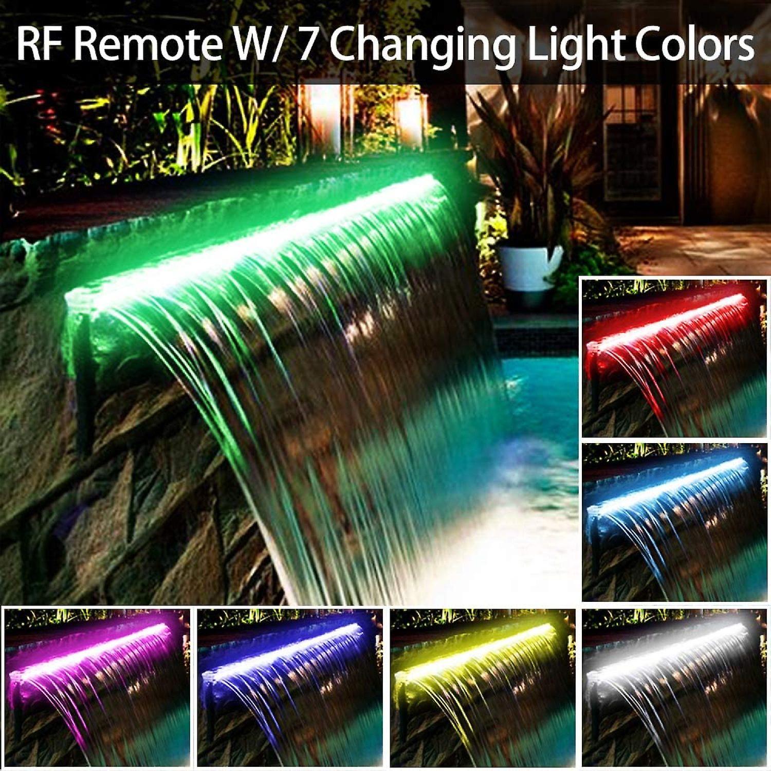 Pool Fountain， Stainless Steel Waterfall Spillway With Wider Water Flow Platform， Multi-color Led Light and Spillway Cleaning Kit For Garden Outdoor Dec