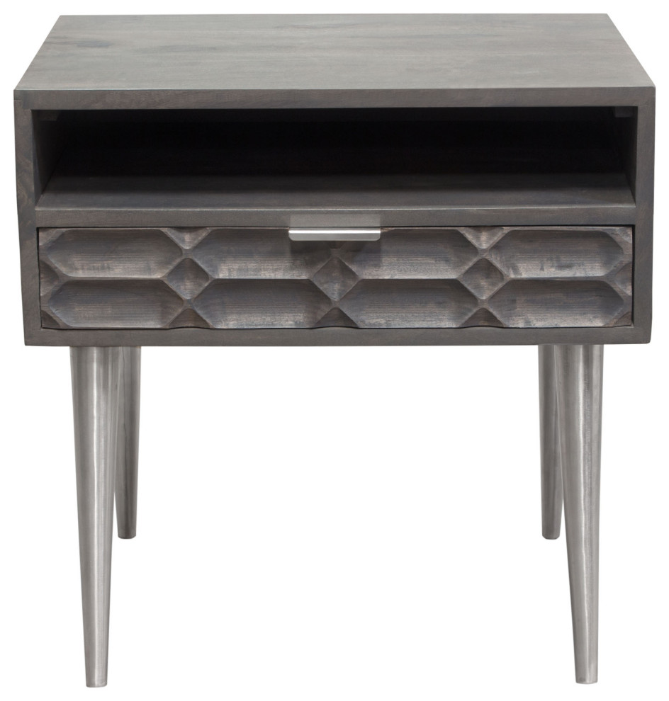 Petra Solid Mango Wood 1 Drawer Accent Table  Smoke Gray Finish With Nickel Legs   Midcentury   Side Tables And End Tables   by VirVentures  Houzz