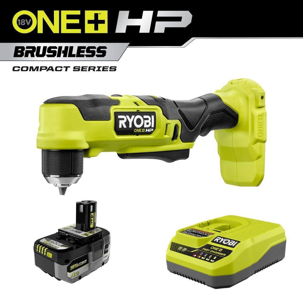 RYOBI ONE+ HP 18V Brushless Cordless Compact 38 in. Right Angle Drill w FREE 4.0 Ah HIGH PERFORMANCE Battery  Charger PSBRA02B-PSK014