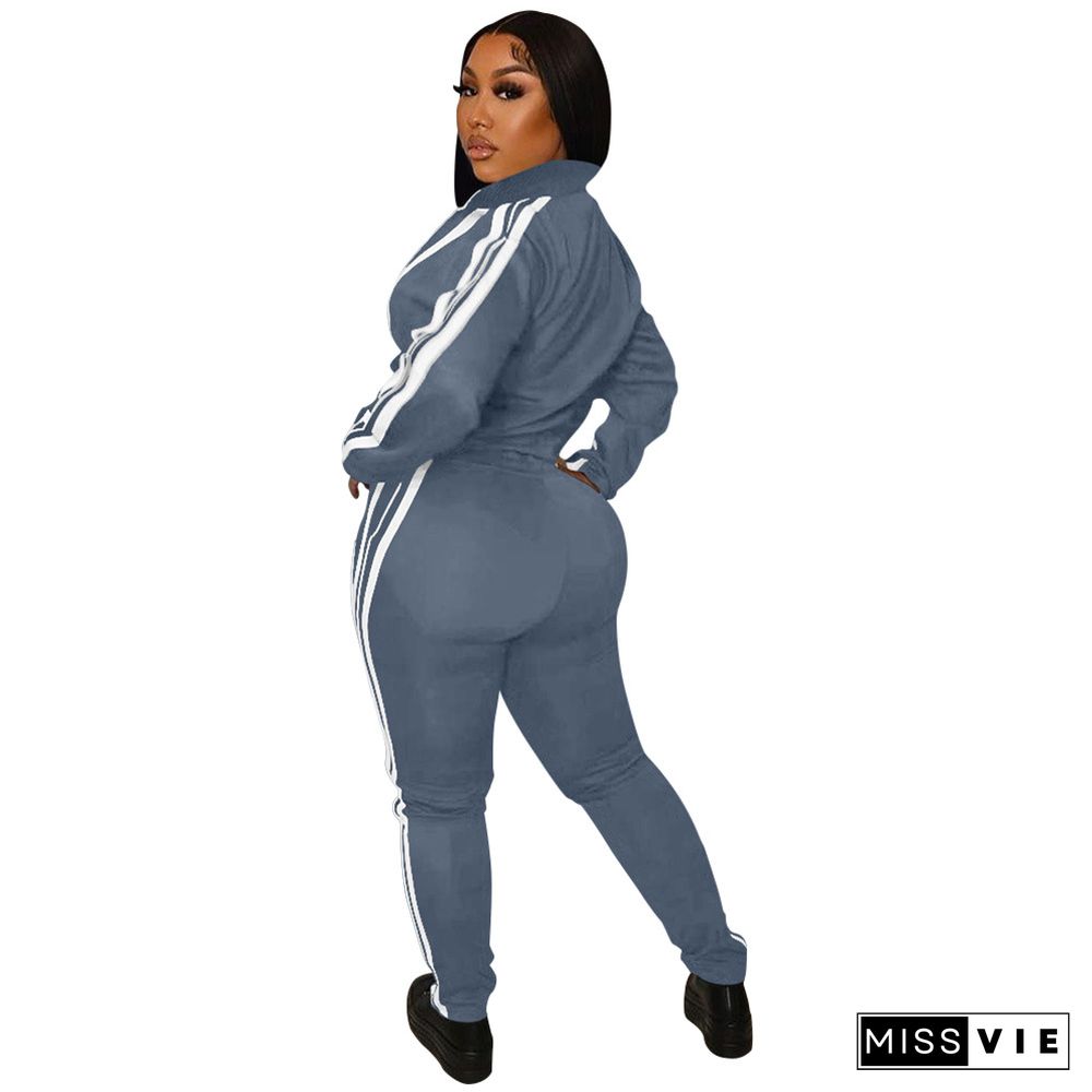 Side Striped Zip Sporty Jacket Two Piece Pants Set