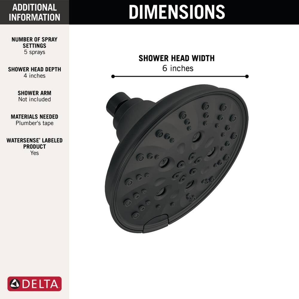 Delta Pivotal 5-Spray Patterns 1.75 GPM 6 in. Wall Mount Fixed Shower Head with H2Okinetic in Matte Black 52669-BL