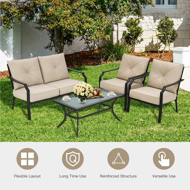 Costway 4 Pcs Patio Furniture Set Cushion Sofa Loveseat Sectional Garden Deck Poolside