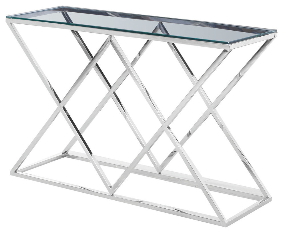 Mishie Angled Stainless Steel Clear Glass Sofa Table   Contemporary   Console Tables   by Furniture Import  ampExport Inc.  Houzz