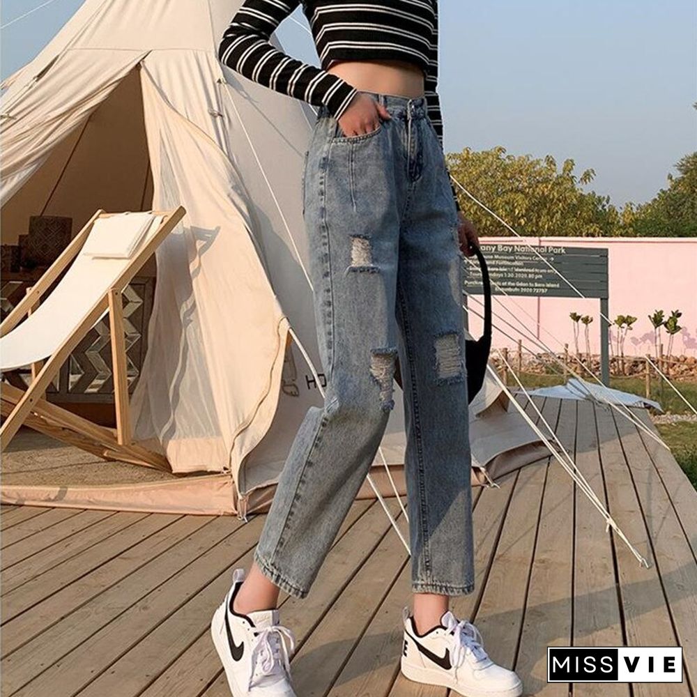 Woman Jeans Ripped High Waist Clothes Wide Leg Denim Clothing Streetwear Vintage Quality Fashion Harajuku Straight Pants